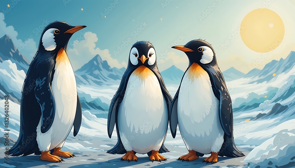 Fototapeta premium Penguins Standing on Snowy Landscape Under the Shining Sun at Winter