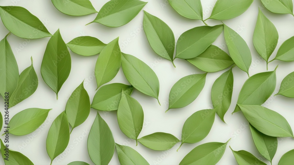 Fototapeta premium Fresh green leaves scattered on white background, creating a natural and refreshing pattern.