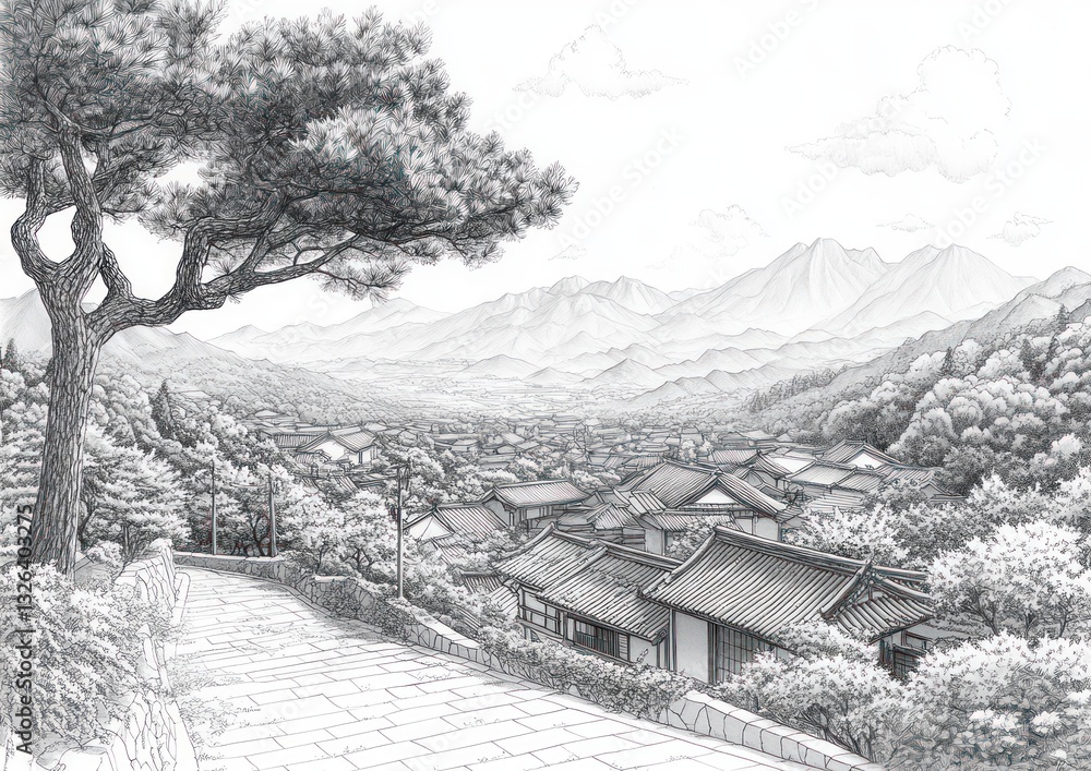 Fototapeta premium Rural Japanese Village with Large Deciduous Tree and Mountains