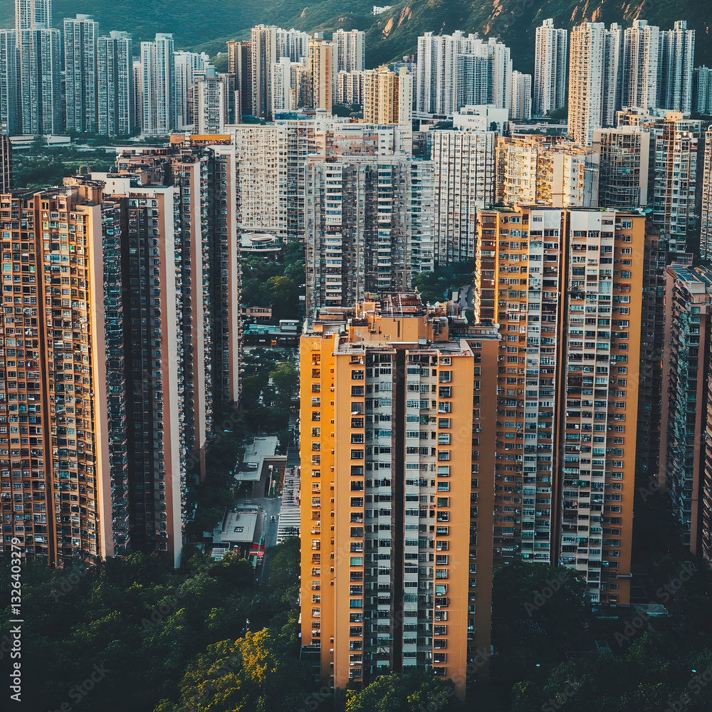 Obraz premium Dense urban high-rise apartment buildings clustered together in a city landscape, showcasing residential architecture