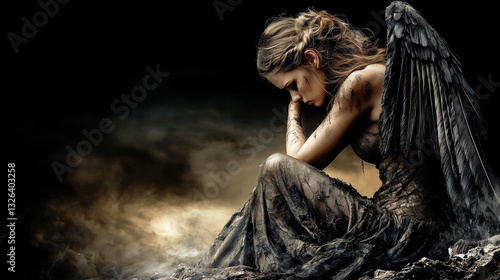 A fallen angel with dark wings sits in despair, covered in ash and dirt. Her tattered dress blends into the smoky ground, creating a haunting and powerful scene.