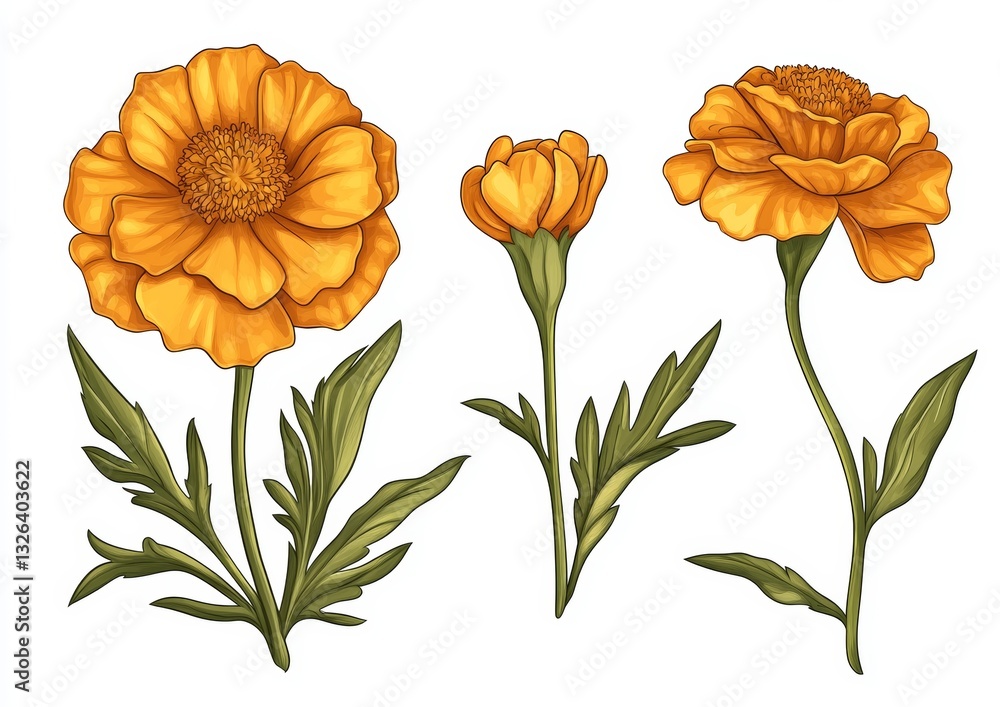Naklejka premium The flowers Tagetes patula and Tagetes erecta, also known as the French marigold and the Mexican marigold, including the red marigold, are garden flowering plants that have been illustrated in a hand