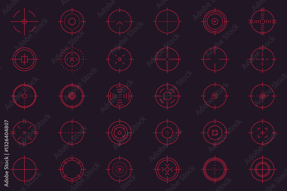 Crosshair gun sight icons set. Bullseye, target or aim symbol. Futuristic aim pointer. Military rifle scope, shooting mark sign. Targeting, aiming. Archery, hunting. Game UI element. Crosshair gun sight icons set. Bullseye, target or aim symbol. Futuristic aim pointer. Military rifle scope, shooting mark sign. Targeting, aiming. Archery, hunting. Game UI element.