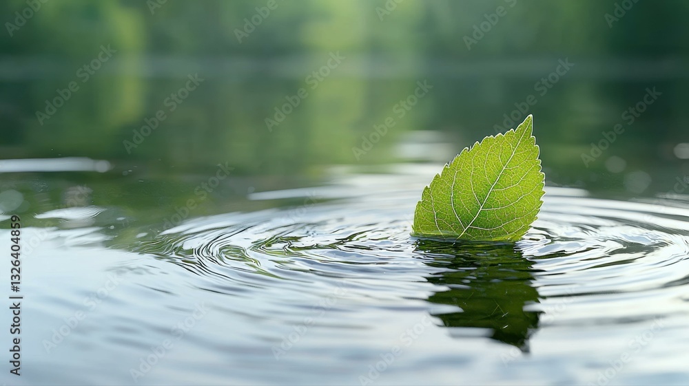 Leaf floats on calm water creating gentle ripples, reflecting tranquility and nature's serene beauty. Leaf floats on calm water creating gentle ripples, reflecting tranquility and nature's serene beauty.