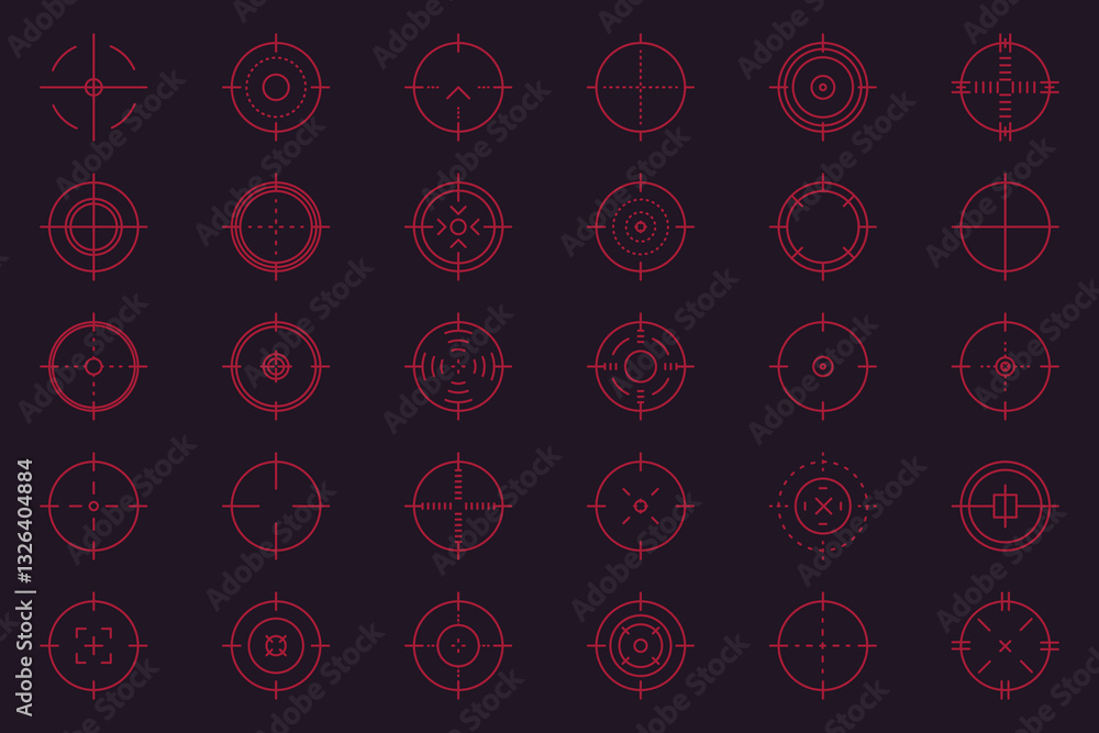 Crosshair gun sight icons set. Bullseye, target or aim symbol. Futuristic aim pointer. Military rifle scope, shooting mark sign. Targeting, aiming. Archery, hunting. Game UI element. Crosshair gun sight icons set. Bullseye, target or aim symbol. Futuristic aim pointer. Military rifle scope, shooting mark sign. Targeting, aiming. Archery, hunting. Game UI element.
