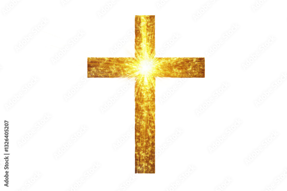 A golden cross with a bright light emanating from its center on a plain white background image view shot