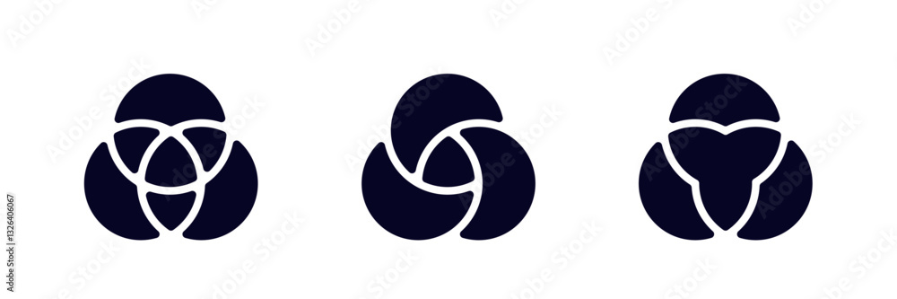 Three bold abstract symbols in black silhouette feature unique geometric shapes with curved lines. Three bold abstract symbols in black silhouette feature unique geometric shapes with curved lines.