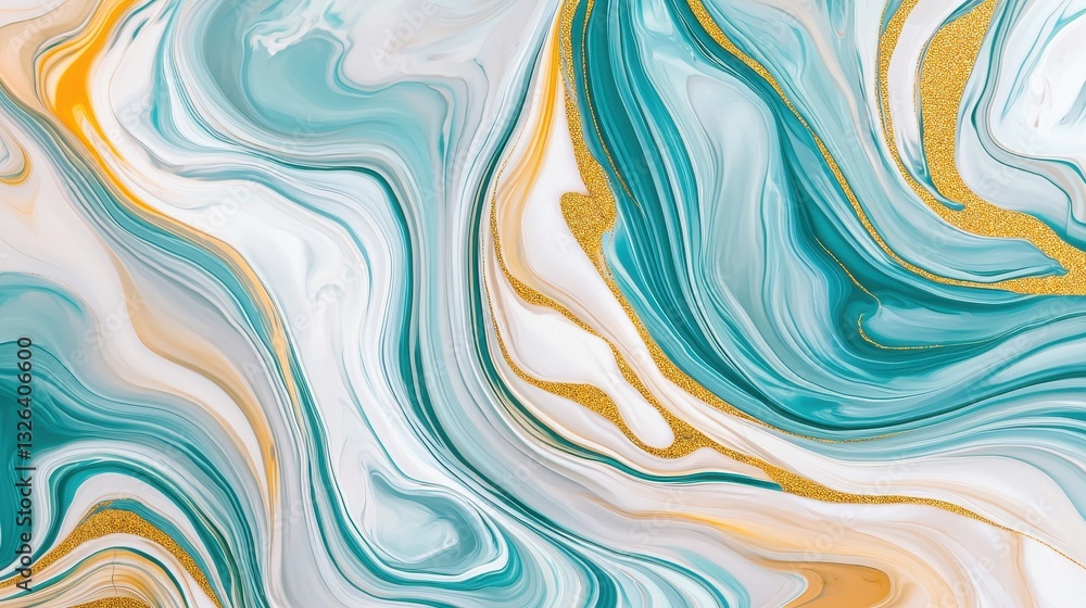 Elegant Abstract Swirl with Turquoise and Gold Accents in Fluid Art Elegant Abstract Swirl with Turquoise and Gold Accents in Fluid Art