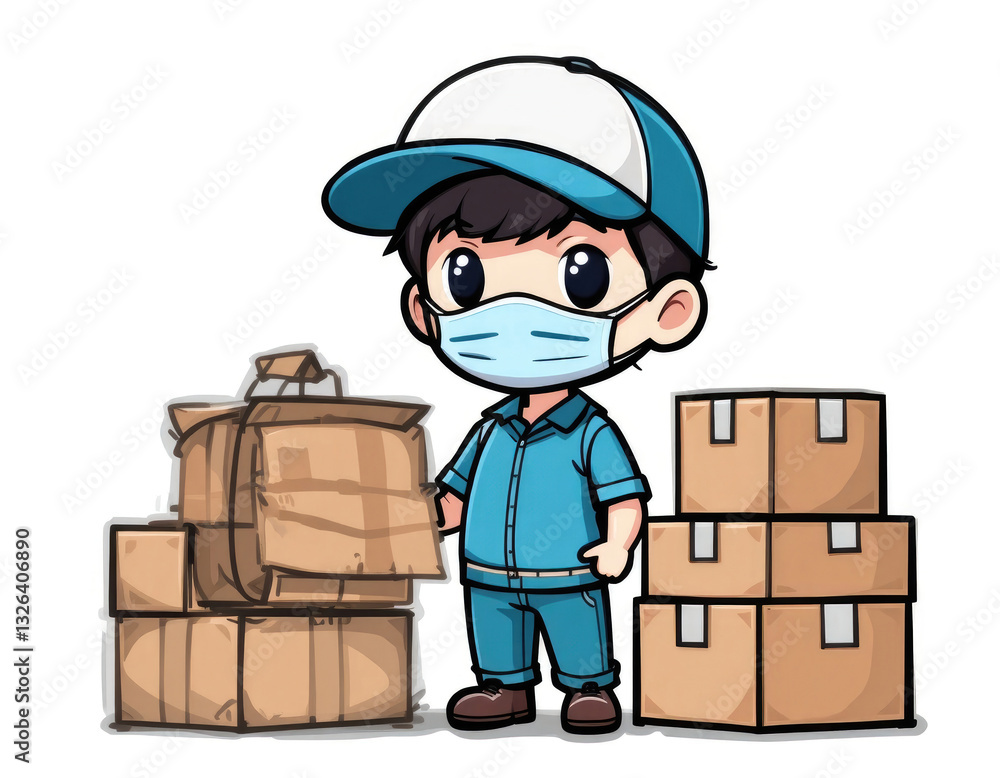 Cartoon Delivery Boy with Boxes and Face Mask Ready to Deliver Cartoon Delivery Boy with Boxes and Face Mask Ready to Deliver