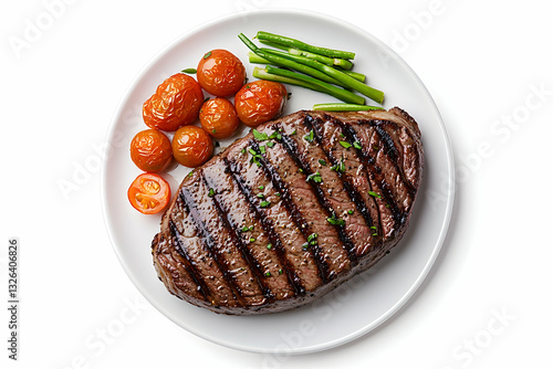 Grilled steak with roasted cherry tomatoes and asparagus