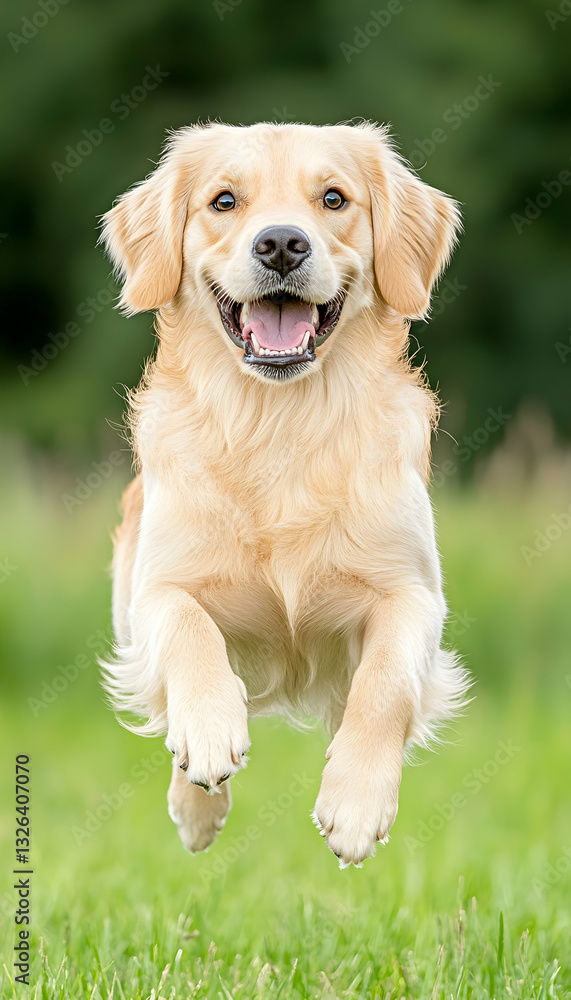 Happy golden retriever leaping in a grassy field Happy golden retriever leaping in a grassy field