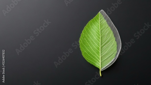 Single green leaf on dark background, highlighting natural texture and vibrant color.
