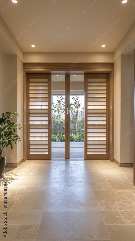 Obraz premium Japandi entryway with sliding wooden doors and beige tones.