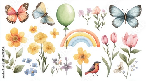 Spring set, hand drawn elements- flowers, birds, rainbow, green ballon,buterfly,and other. Perfect for scrapbooking, greeting card, party invitation, poster,  sticker