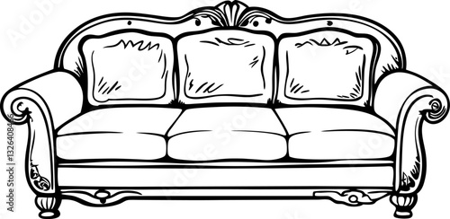 Elegant vintage sofa illustration with detailed design and ornate carving, classic furniture art sketch