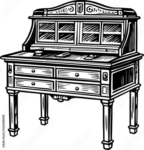 Vintage wooden writing desk illustration with drawers and retro design elements