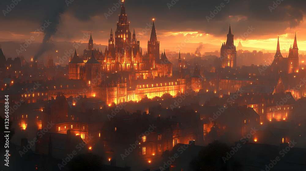 Fototapeta premium Fiery city skyline at dusk