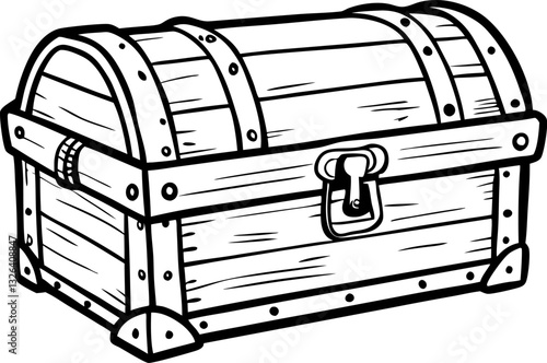 Vintage wooden treasure chest illustration classic locked box design, black and white sketch