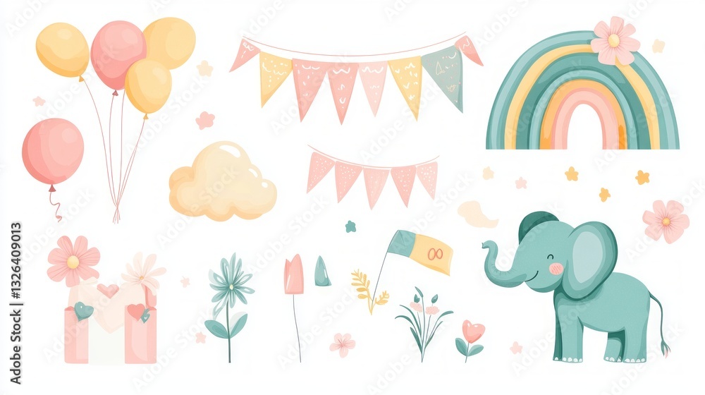 Vector illustration of cartoon elements for a baby girl's birthday party, including clouds, rainbows, banners, ribbons, balloons, flowers, and an elephant on a white background. Vector illustration of cartoon elements for a baby girl's birthday party, including clouds, rainbows, banners, ribbons, balloons, flowers, and an elephant on a white background.