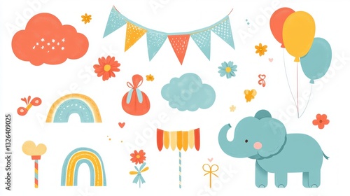 Vector illustration of cartoon elements for a baby girl's birthday party, including clouds, rainbows, banners, ribbons, balloons, flowers, and an elephant on a white background.
