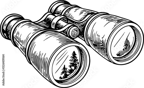 Sketch of binoculars reflecting nature trees visible in lenses, artistic exploration instrument