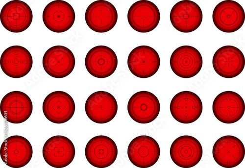 Weapon sight, sniper rifle optical scope. Hunting gun viewfinder with crosshair. Crosshair gun sight icons set. Bullseye, target or aim symbol. Shooting mark. Military target sign. Game UI.