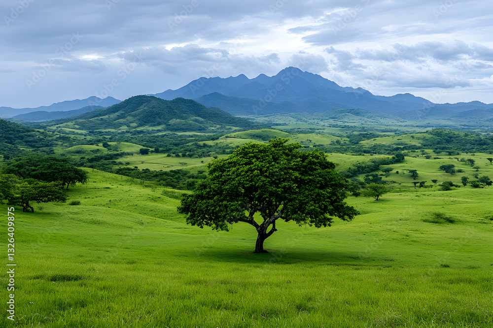 Lush green landscape with a solitary tree, rolling hills, and distant mountains