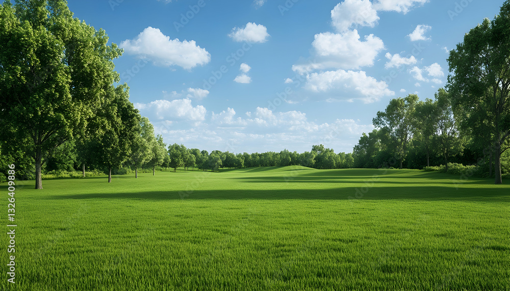 Fototapeta premium Lush green meadow with trees under a partly cloudy sky