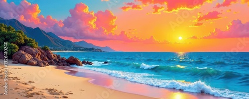 Abstract seascape painting, bold colors, beach elements , sand, vibrant, colorful