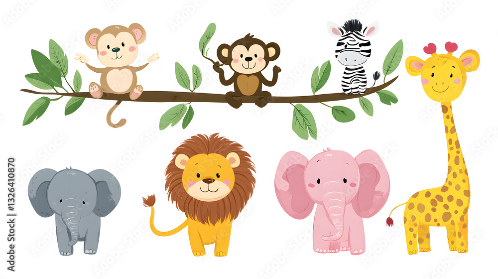 Fototapeta premium Collection of Cute Vector Cartoon Wild Animals Featuring a Playful Monkey