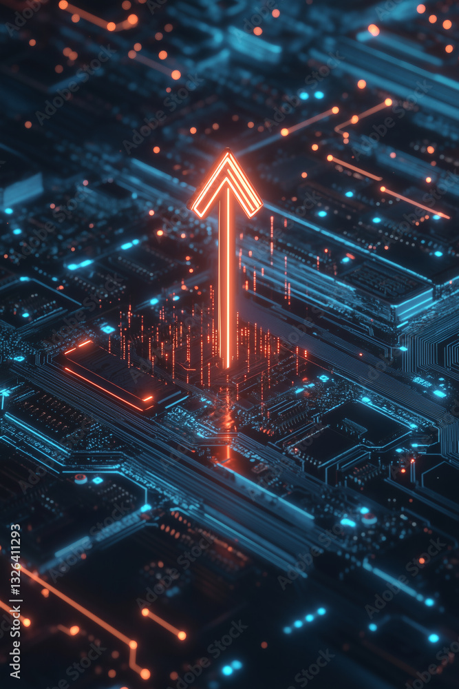 Fototapeta premium Data flow on circuit board with arrow