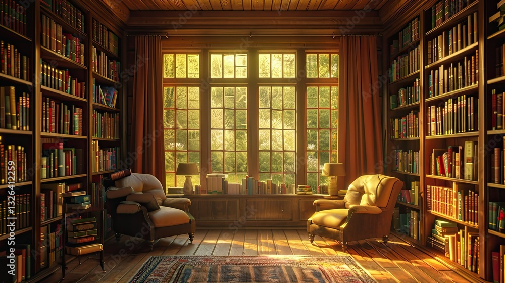 A cozy library filled with bookshelves on either side, filled with colorful books. A cozy library filled with bookshelves on either side, filled with colorful books.
