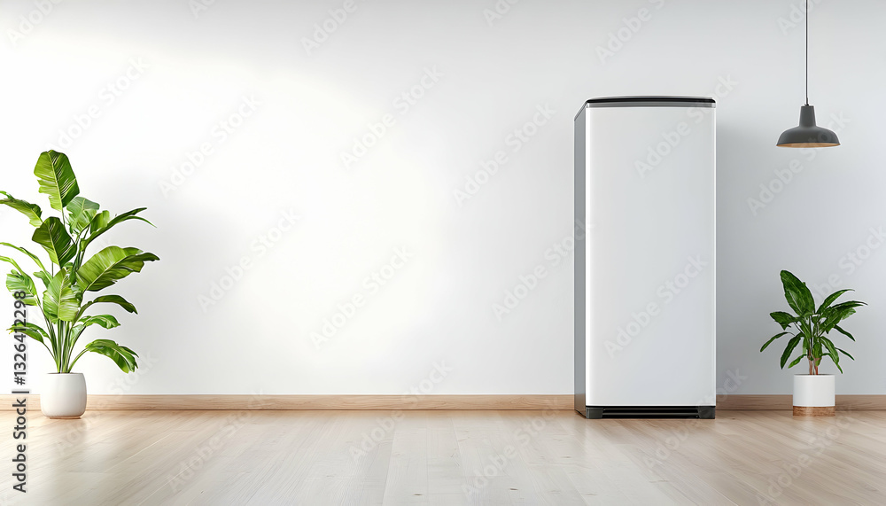 Minimalist, modern kitchen or dining area with a refrigerator, and plants Minimalist, modern kitchen or dining area with a refrigerator, and plants