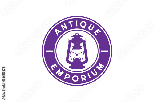 Antique Emporium Logo Design Purple Lantern Vintage Style old art oil icon shop retro     