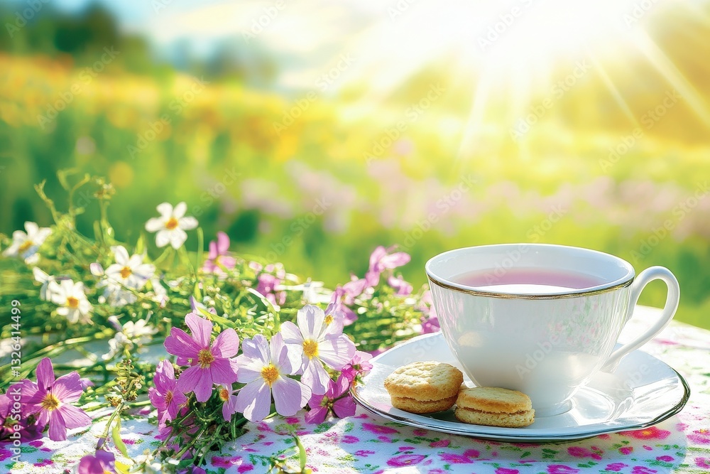 Relaxing Tea Time with Cookies in a Beautiful Flower Garden Scene Relaxing Tea Time with Cookies in a Beautiful Flower Garden Scene