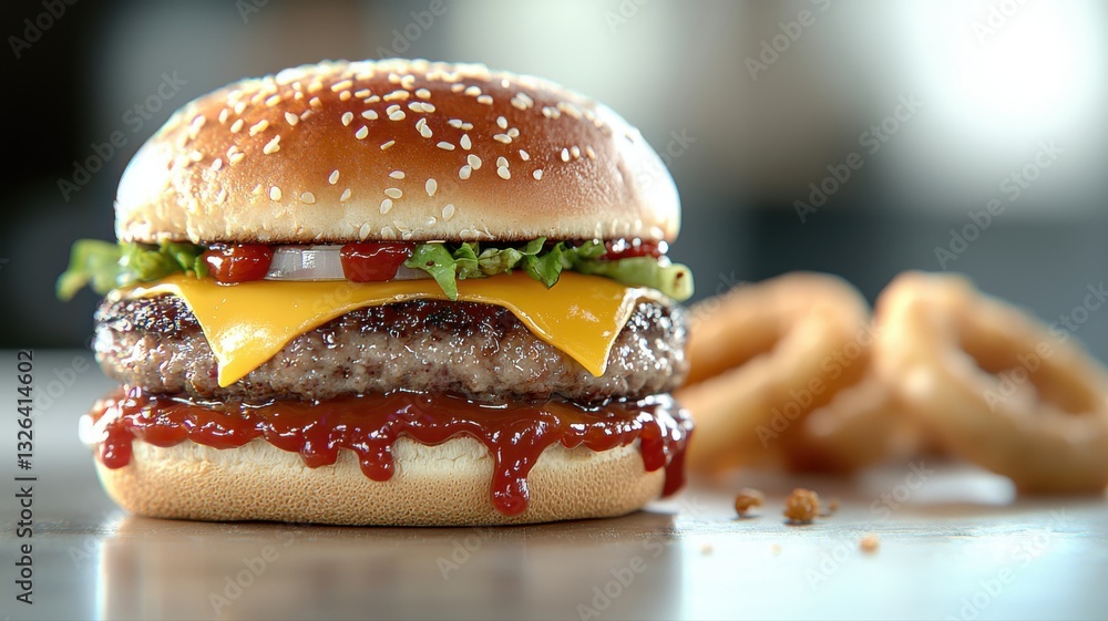 Close-up of a delicious cheeseburger with fresh toppings and onion rings on a wooden table. Close-up of a delicious cheeseburger with fresh toppings and onion rings on a wooden table.