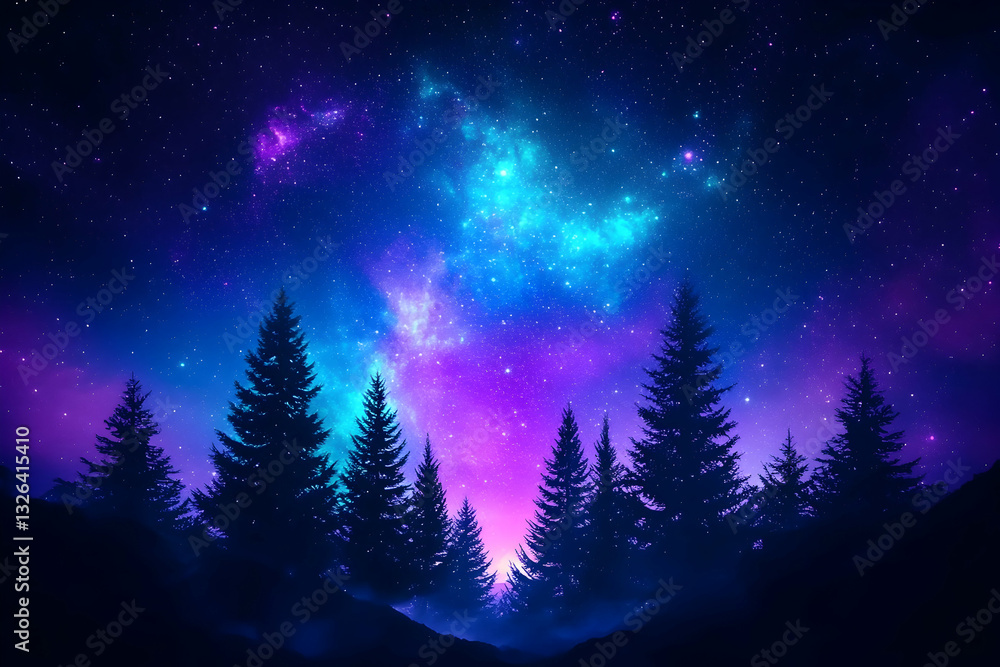 Naklejka premium Mystical night sky over a forest