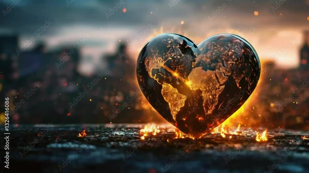 Flaming Earth Heart, apocalyptic background, environmental activism Flaming Earth Heart, apocalyptic background, environmental activism
