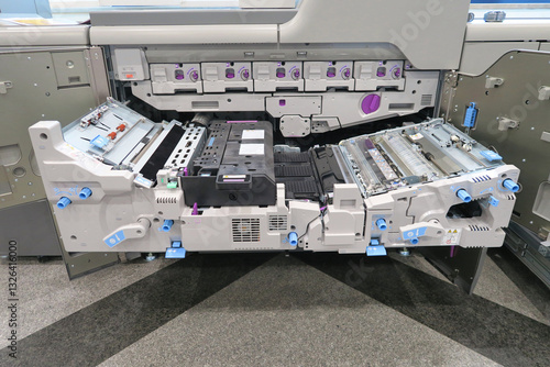 Close view of engine of toner industrial printer machine