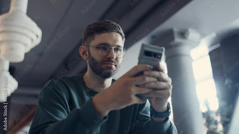 Internet Addicted Male Person Using Social Media In Smartphone, Portrait Of Man In Restaurant Internet Addicted Male Person Using Social Media In Smartphone, Portrait Of Man In Restaurant