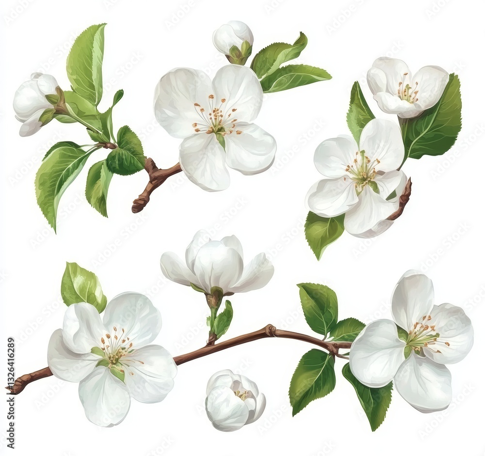 Fototapeta premium An apple tree branch in bloom, complete with flowers, in watercolor