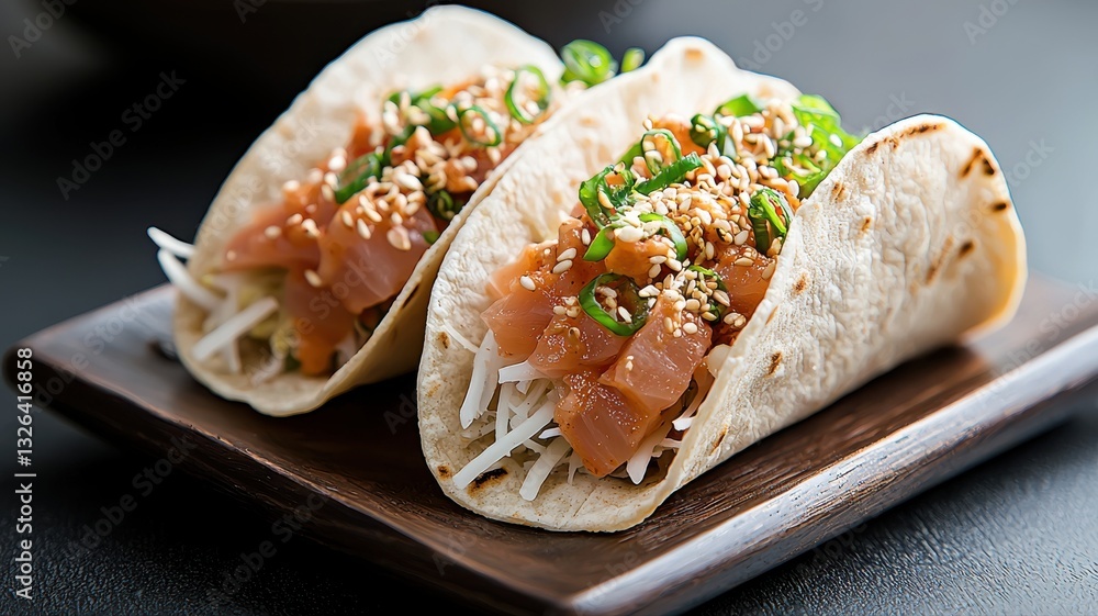 Close-up of fresh salmon tacos topped with sesame seeds and green onions on a wooden plate. Close-up of fresh salmon tacos topped with sesame seeds and green onions on a wooden plate.