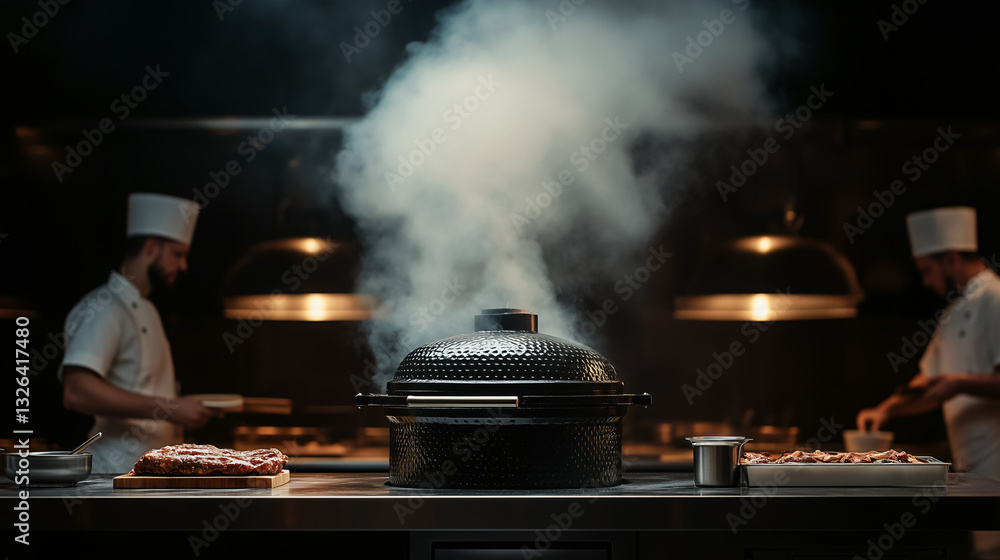 Culinary Craft: Captivating shot of a professional kitchen with chefs tending to a smoking grill. Culinary Craft: Captivating shot of a professional kitchen with chefs tending to a smoking grill.