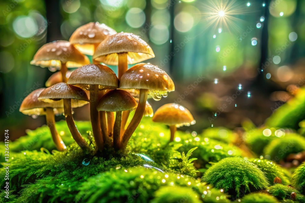 Fototapeta premium Autumn's bounty: dewy mushrooms nestled in moss, a close-up of edible wild fungi.