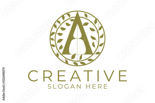 Elegant Olive Green Letter A Logo Design with Leaves art icon badge crest retro plant     