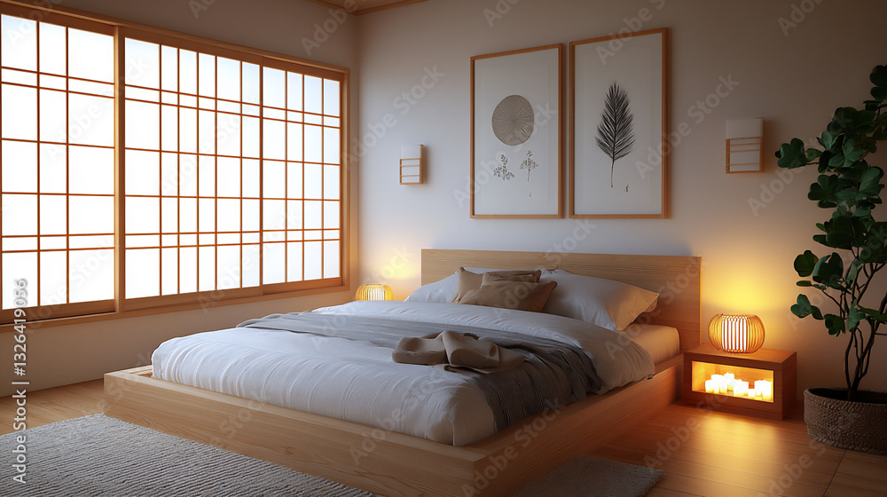 Fototapeta premium cozy japanese bedroom by candlelight