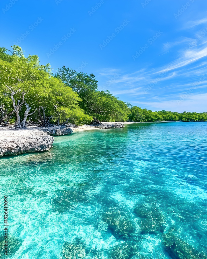 Obraz premium Pristine tropical beach with turquoise water and lush green trees