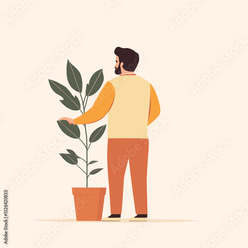 potted plant grower, his job is potted plant grower, minimalistic flat design, the man who lives in t'westland in the netherlands turned is back to the front, he is looking back

