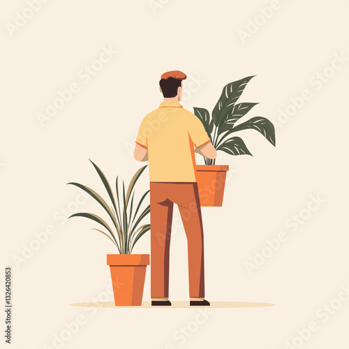 potted plant grower, his job is potted plant grower, minimalistic flat design, the man who lives in t'westland in the netherlands turned is back to the front, he is looking back

