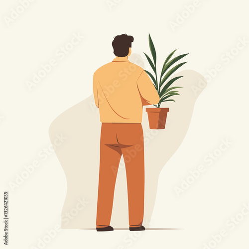 potted plant grower, his job is potted plant grower, minimalistic flat design, the man who lives in t'westland in the netherlands turned is back to the front, he is looking back

